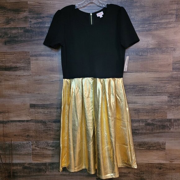 Lularoe Amelia Dress Elegant Collection XL Gold Metallic Black Pockets NWT - Picture 1 of 8